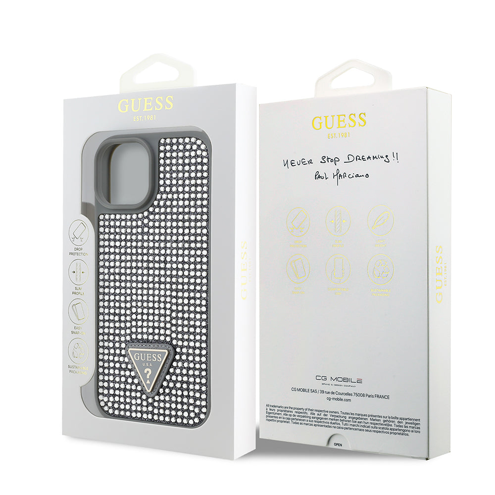 Guess iPhone 15 Orjinal Lisanslı Taşlı Arka Yüzey Üçgen Logolu Telefon Kılıfı Guess iPhone 15 Orjinal Lisanslı Taşlı Arka Yüzey Üçgen Logolu Telefon Kılıfı